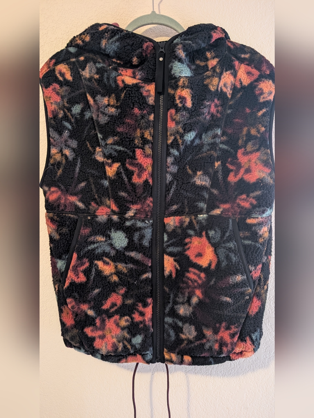 Prana- Black Fuzzy Floral Zip Front Vest - Multicolor Print